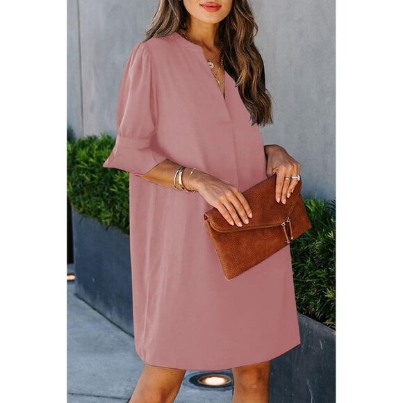 Women Dusty Pink Polyester V-Neck Loose Fit Short Sleeve Knee Length Shift Dress - Picture 4 of 6